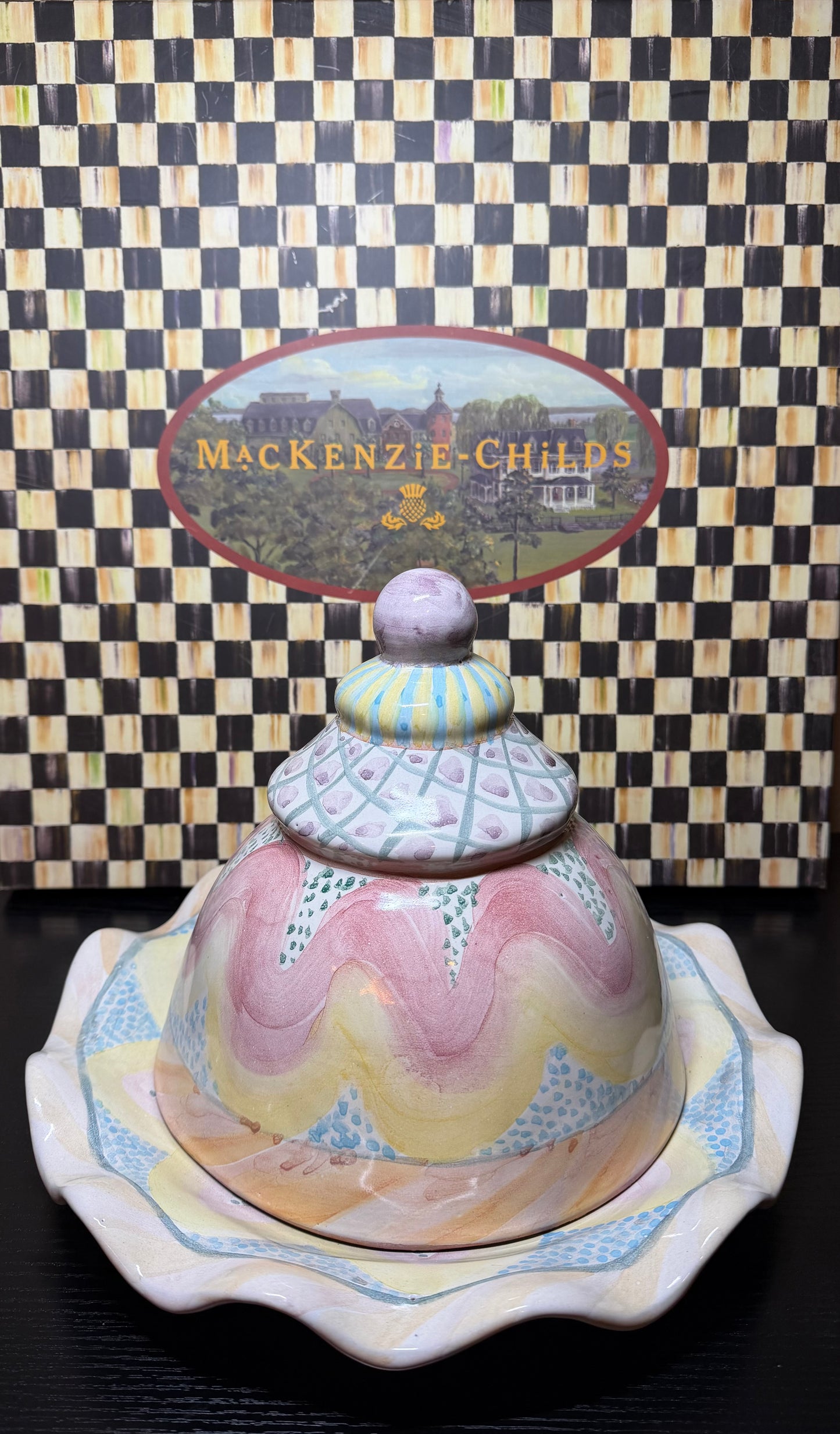 MacKenzie Childs Cayuga Cheese Dome (Cloche + Scalloped Platter)