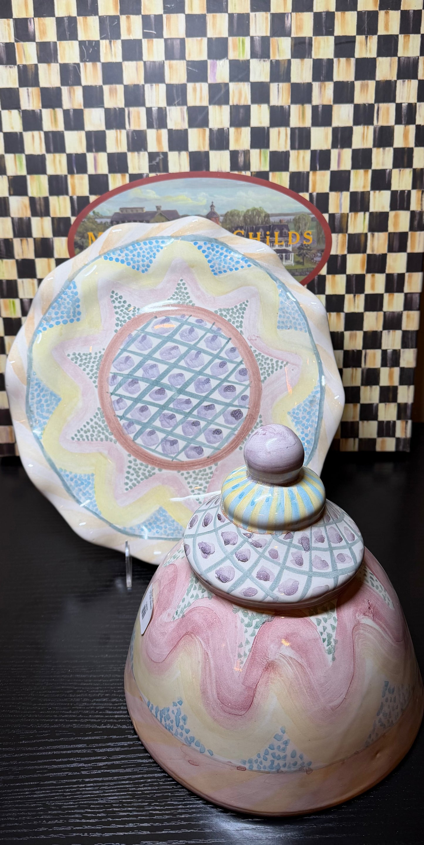 MacKenzie Childs Cayuga Cheese Dome (Cloche + Scalloped Platter)